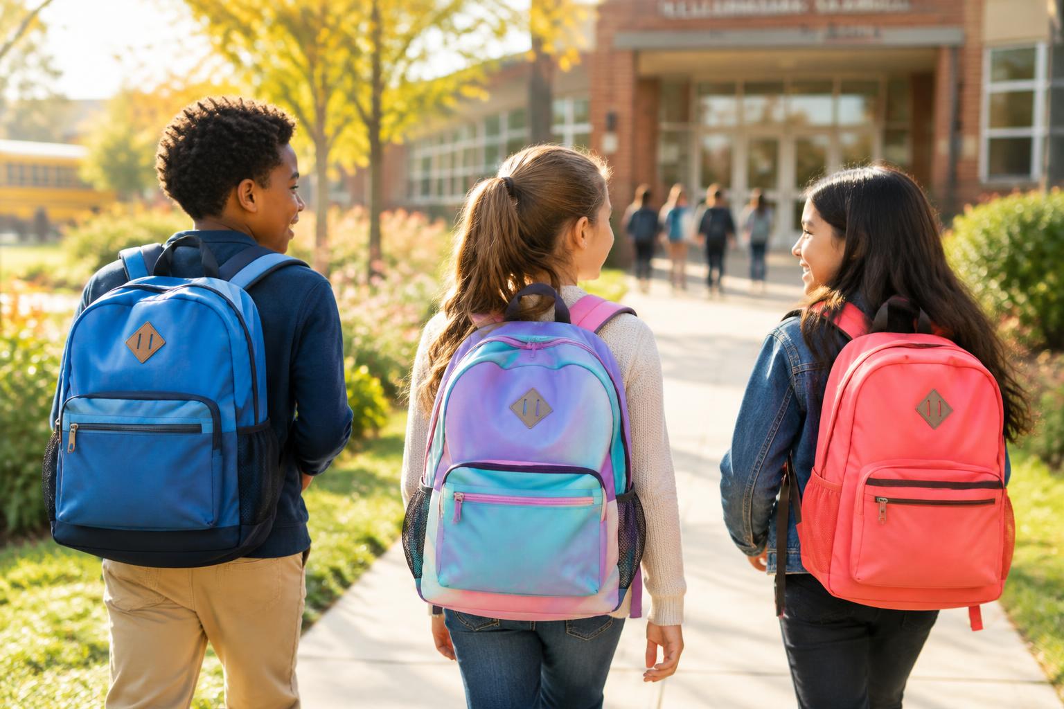 Students with backpacks walking into school for the new year